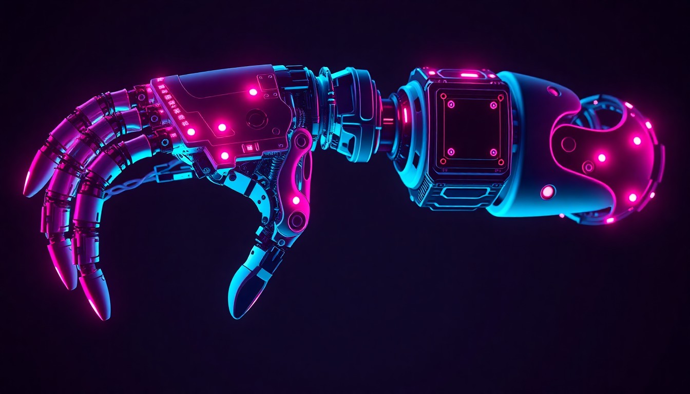 A highly detailed, glowing 3D illustration of a robotic arm with intricate mechanical components and circuitry illuminated by neon cyan and magenta lights, conceptually representing the integration of advanced physics simulation and AI training for robotics.