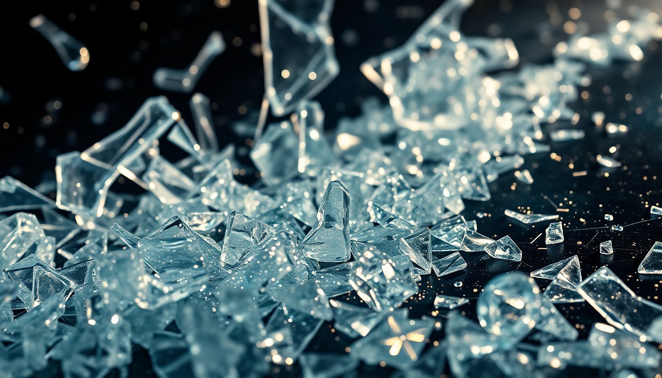 An extreme close-up photograph of shattered glass and crystal shards reflecting dramatic studio lighting, creating a sense of high-stakes drama and a fractured, glittering visual metaphor.