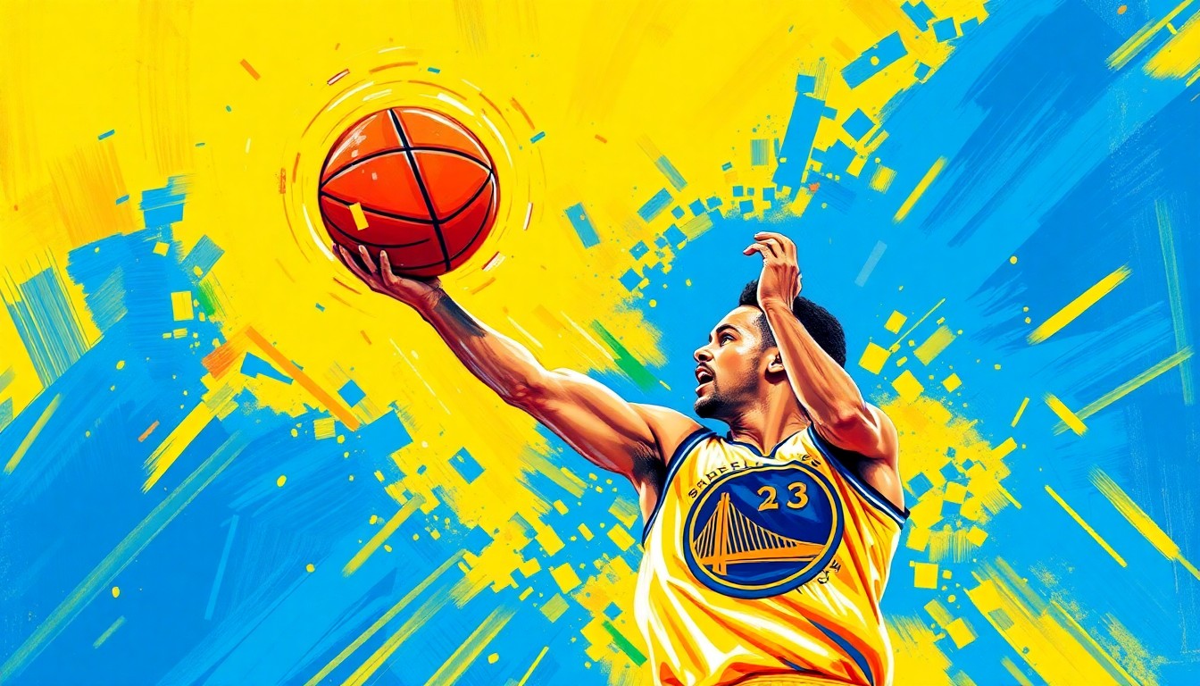 An abstract, expressionist painting in neon colors depicting the explosive energy and motion of Stephen Curry as he shoots a three-pointer, the basketball a blur of light against a vibrant, energetic backdrop.