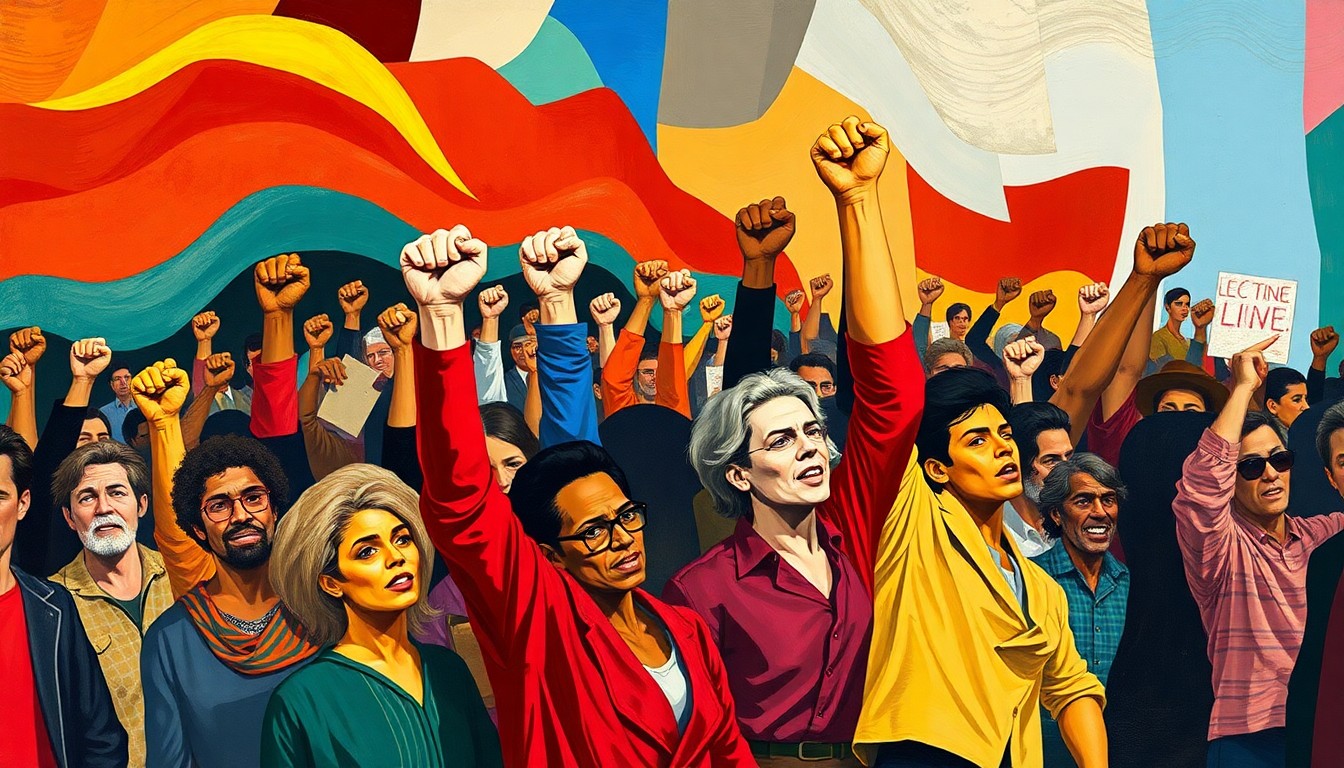 A dynamic, abstract painting featuring overlapping, fractured geometric shapes in bold, vibrant colors representing a diverse group of people marching in protest.