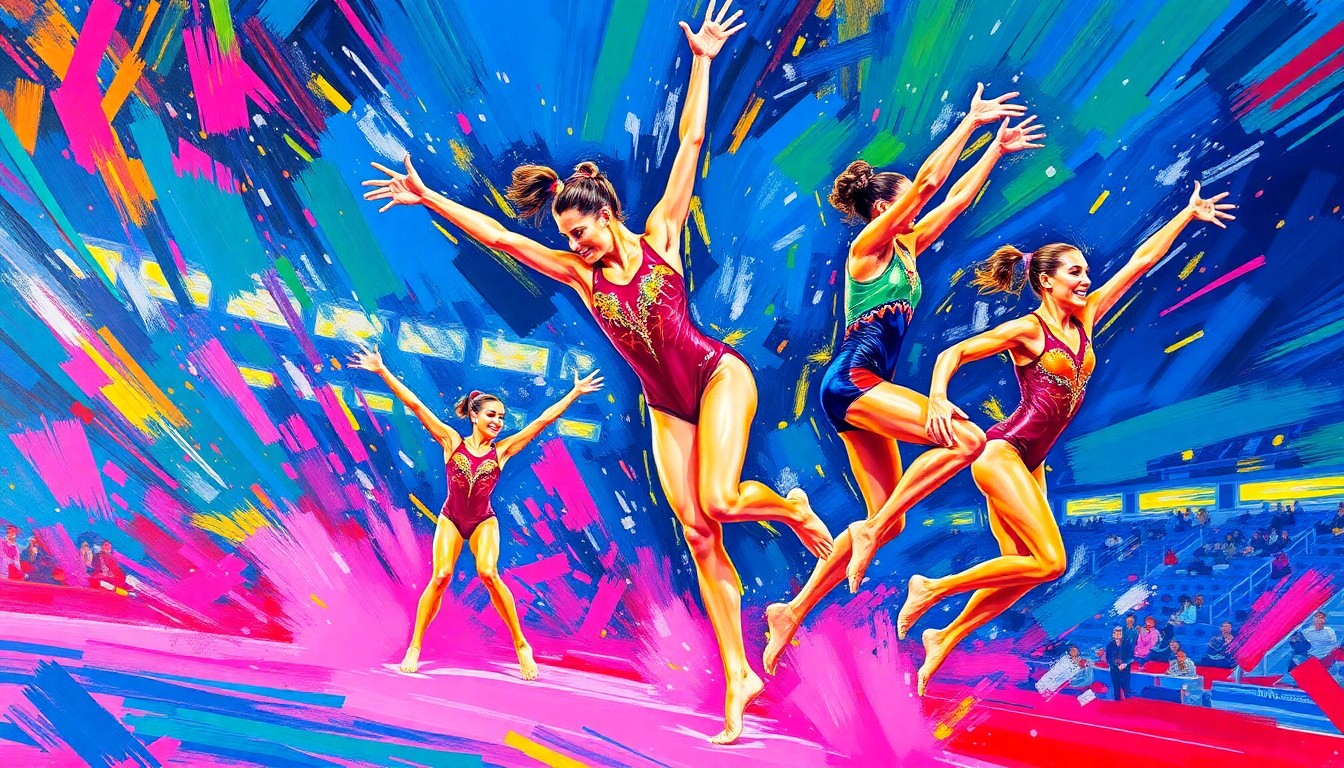 A dynamic, abstract painting in neon colors depicting the fluid movements and energy of gymnasts competing at a high-level gymnastics competition.