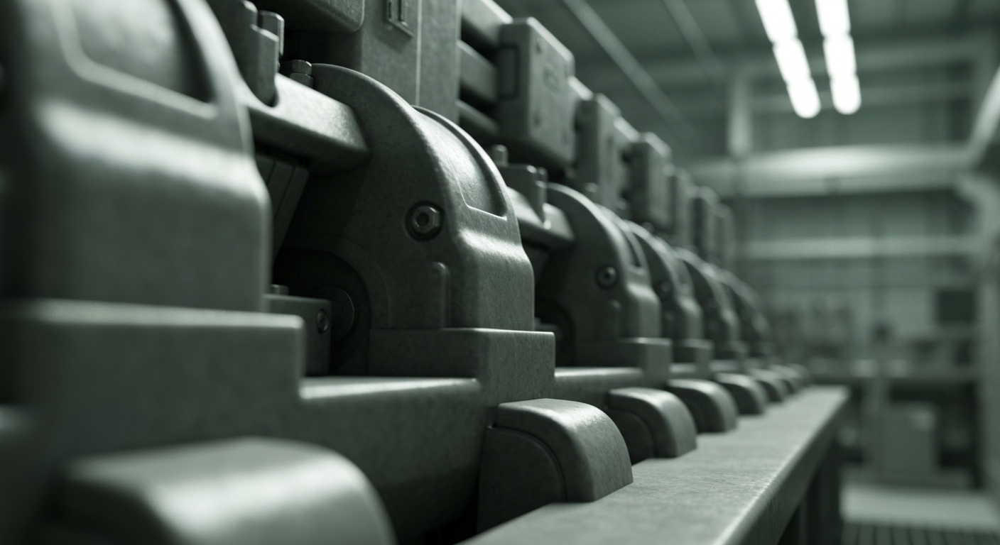 An extreme close-up of industrial banking equipment and machinery, conveying the heavy, physical nature of financial infrastructure without using literal currency or charts.