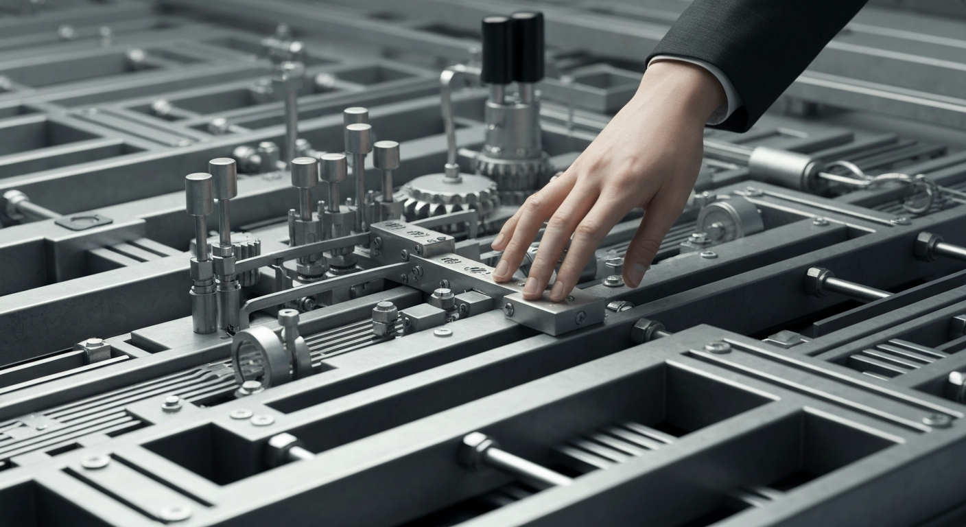 An extreme close-up of complex, interlocking metal gears and mechanisms, representing the institutional machinery and financial infrastructure behind healthcare real estate investment.