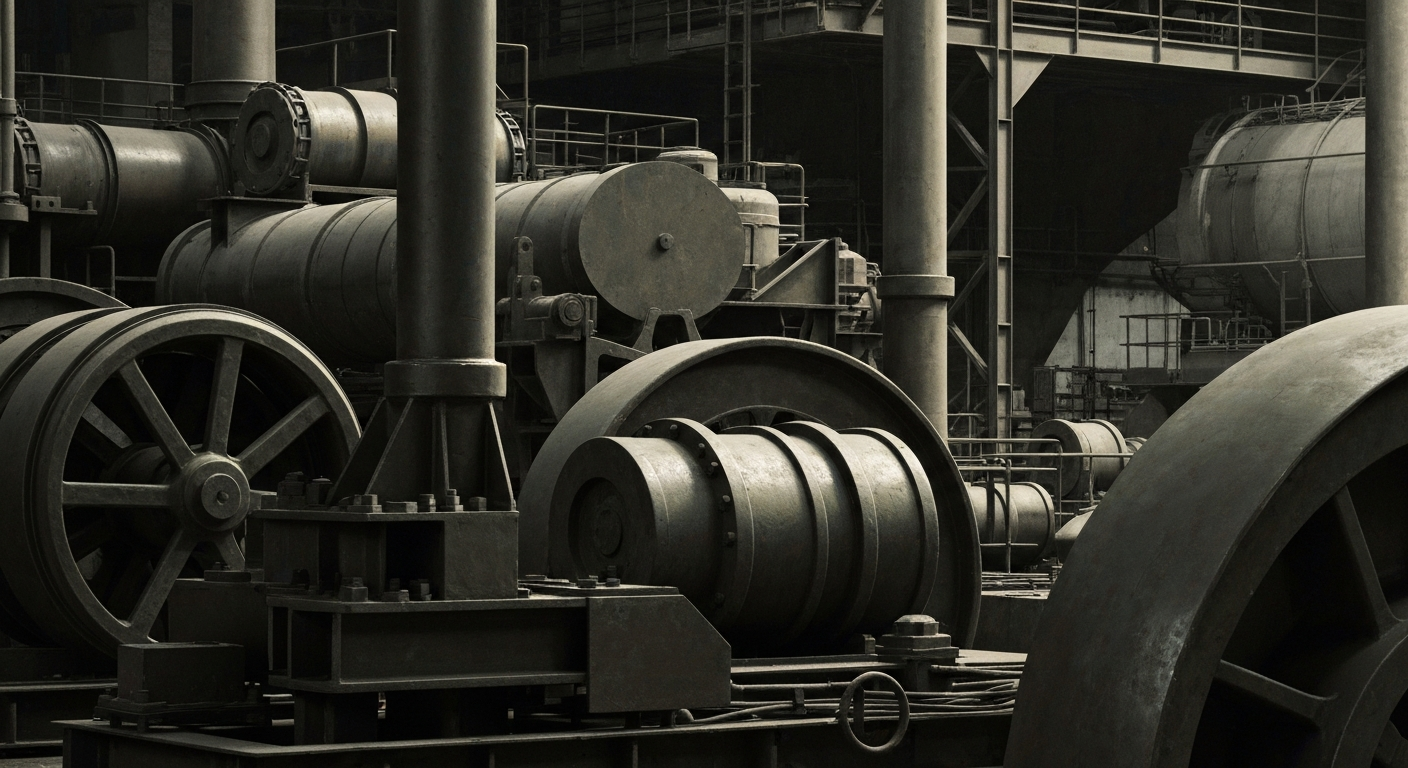 A highly detailed, cinematic close-up image of heavy industrial machinery and equipment, representing the tangible assets and physical infrastructure of the logistics and distribution real estate sector.