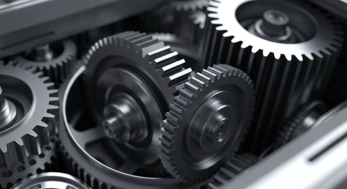 An extreme close-up of shiny, interlocking metal gears and components, representing the complex machinery and technology at the heart of Micron's semiconductor manufacturing operations.
