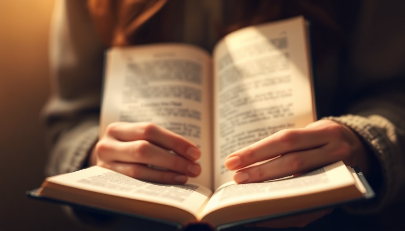 An out-of-focus photograph of a person's hands holding an open book, with the pages and cover barely visible in a warm, hazy light, conveying a sense of introspection and a desire for personal safety.