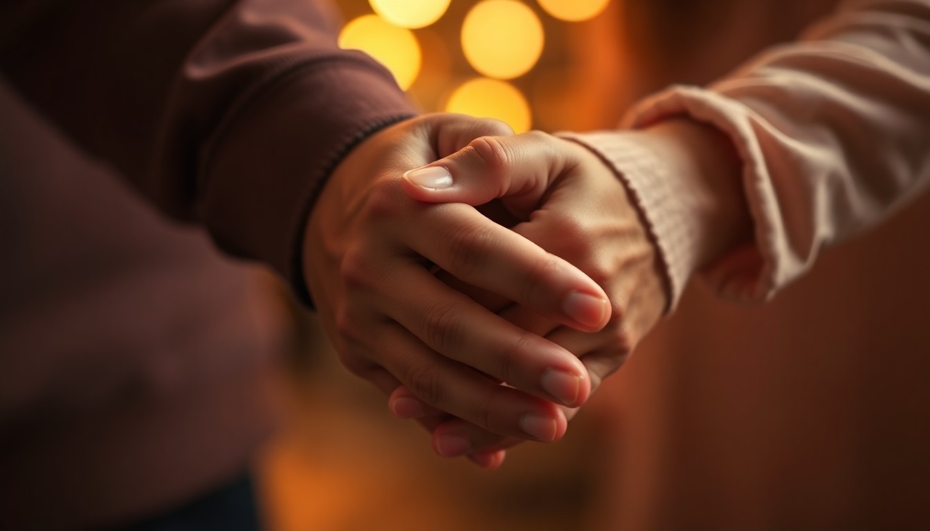 An out-of-focus, warm-toned photograph of a couple's hands clasped together, conceptually representing the financial struggles of low-income individuals in the region.