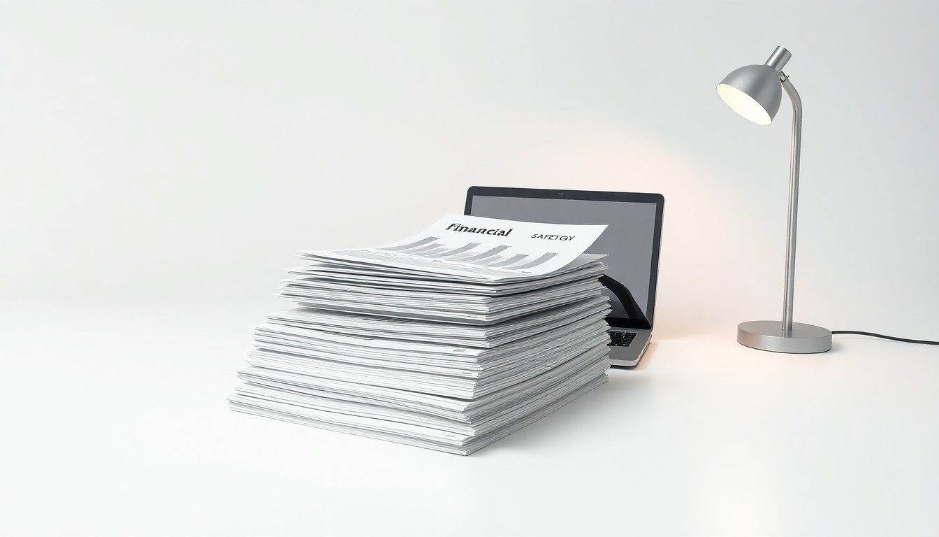 A photorealistic studio still life featuring a stack of financial reports, a laptop, and a desk lamp on a clean, monochromatic background, symbolizing the abstract concepts of corporate strategy, finance, and technology innovation in the life sciences industry.