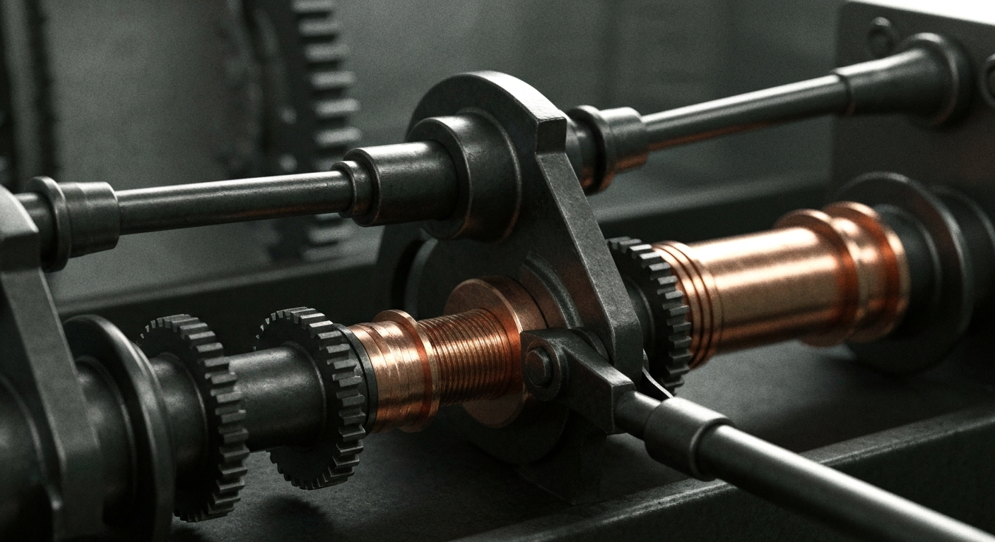 An extreme close-up of intricately connected gears, levers, and other heavy machinery, representing the complex financial infrastructure behind Meta Platforms' operations.