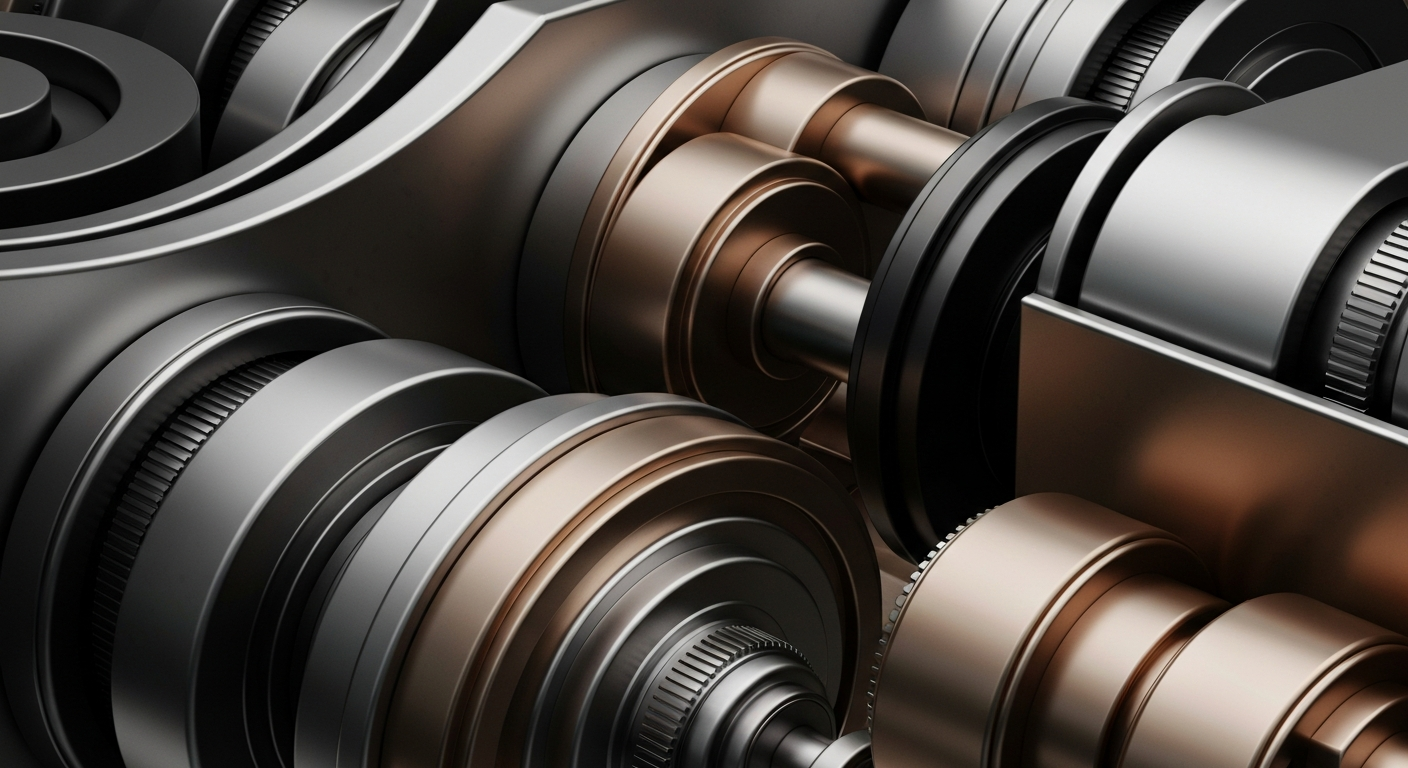 An extreme close-up of gleaming, industrial banking machinery and components, conveying the secure, institutional foundations of modern finance as a conceptual metaphor.