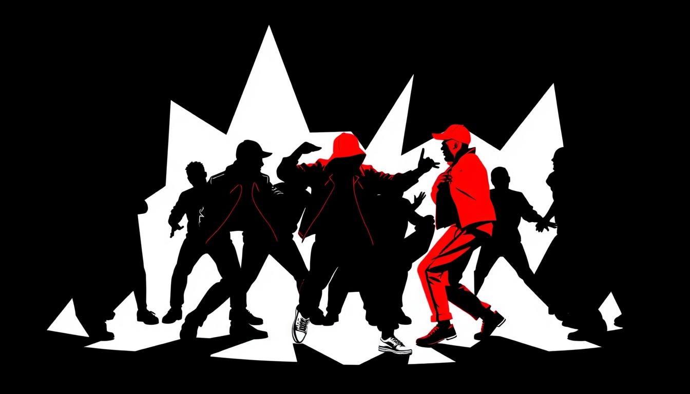 An abstract, minimalist illustration featuring sharp, angular shapes in black, white, and red, capturing the dynamic movement and competitive spirit of a hip-hop dance battle.