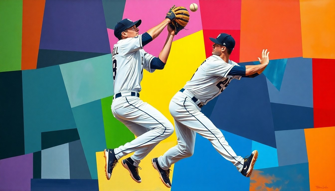 A cubist, geometric painting depicting the moment of Jackson Merrill's leaping catch at the outfield wall, with the players' forms broken down into sharp, overlapping shapes and planes in a vibrant mix of the Padres' and Mariners' team colors.
