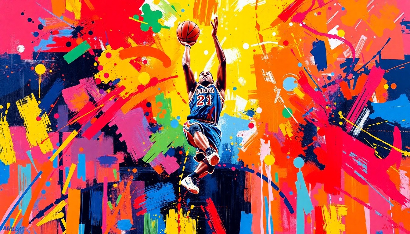 An abstract, energetic painting in vibrant neon colors and rapid brushstrokes, capturing the raw emotion and intensity of a basketball game-winning moment, with a central figure making a jump shot and the ball and player's form dissolving into colorful, expressive splatters.