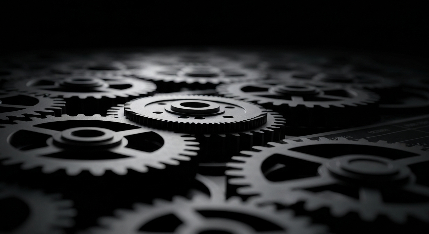 An extreme close-up of the intricate gears and mechanisms of a stock trading terminal, with dramatic shadows and highlights, conceptually representing the complex financial machinery underlying Weyco Group's stock performance.