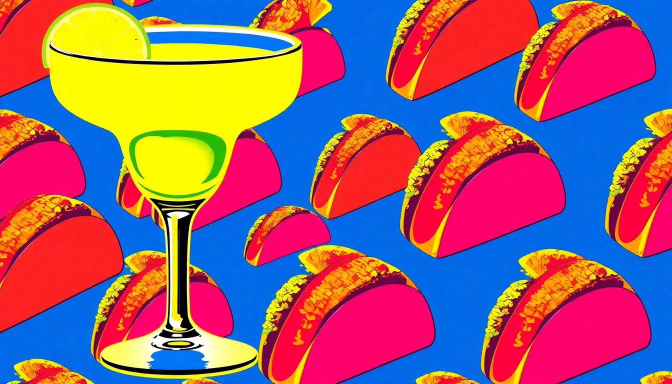 A high-contrast, silkscreen-style illustration featuring a repeated pattern of a single, iconic Mexican food item such as a taco or margarita glass, rendered in a bold, neon color palette with heavy black outlines, conceptually representing the rebranding of a local Mexican restaurant.