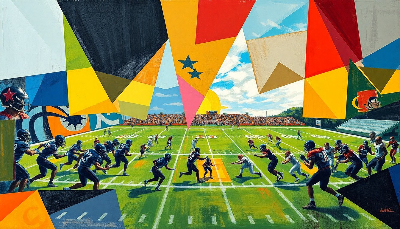 A cubist, geometric painting depicting a high school football game broken down into abstract shapes and planes of color, capturing the dynamic energy and movement of the sport.