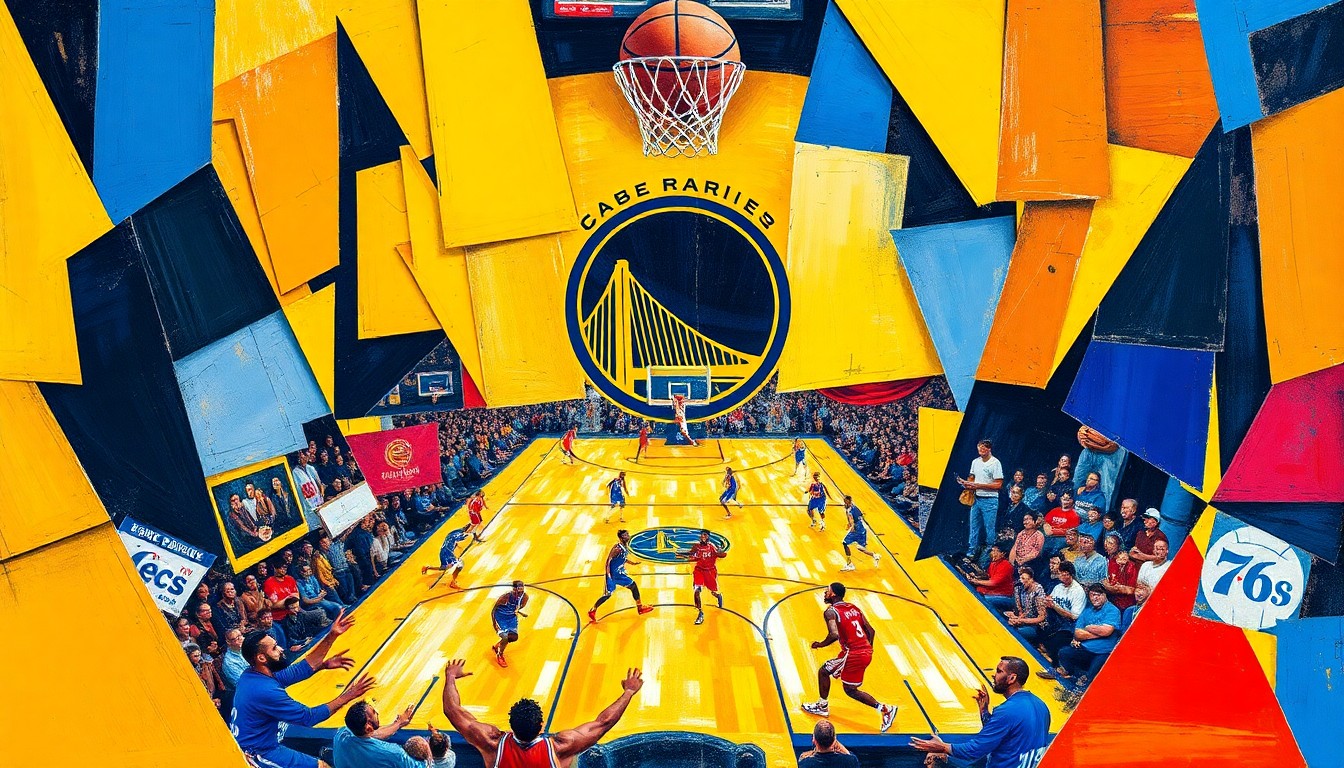 A cubist, geometric painting depicting the action and energy of a basketball game, with the colors of the Warriors and 76ers' uniforms creating a vibrant, dynamic composition.