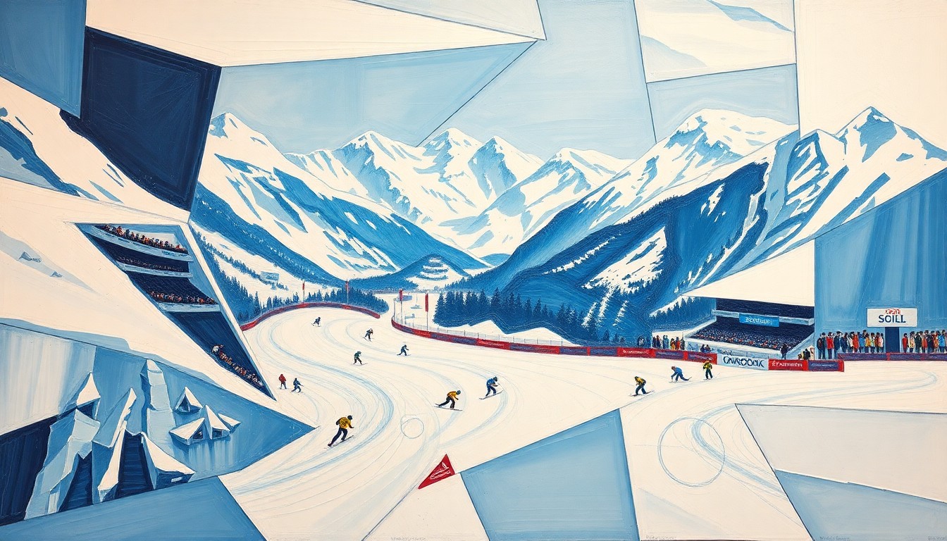 A cubist, geometric painting depicting a fragmented winter sports scene, with sharp planes of color and overlapping shapes representing the complex societal effects of hosting the Olympics.