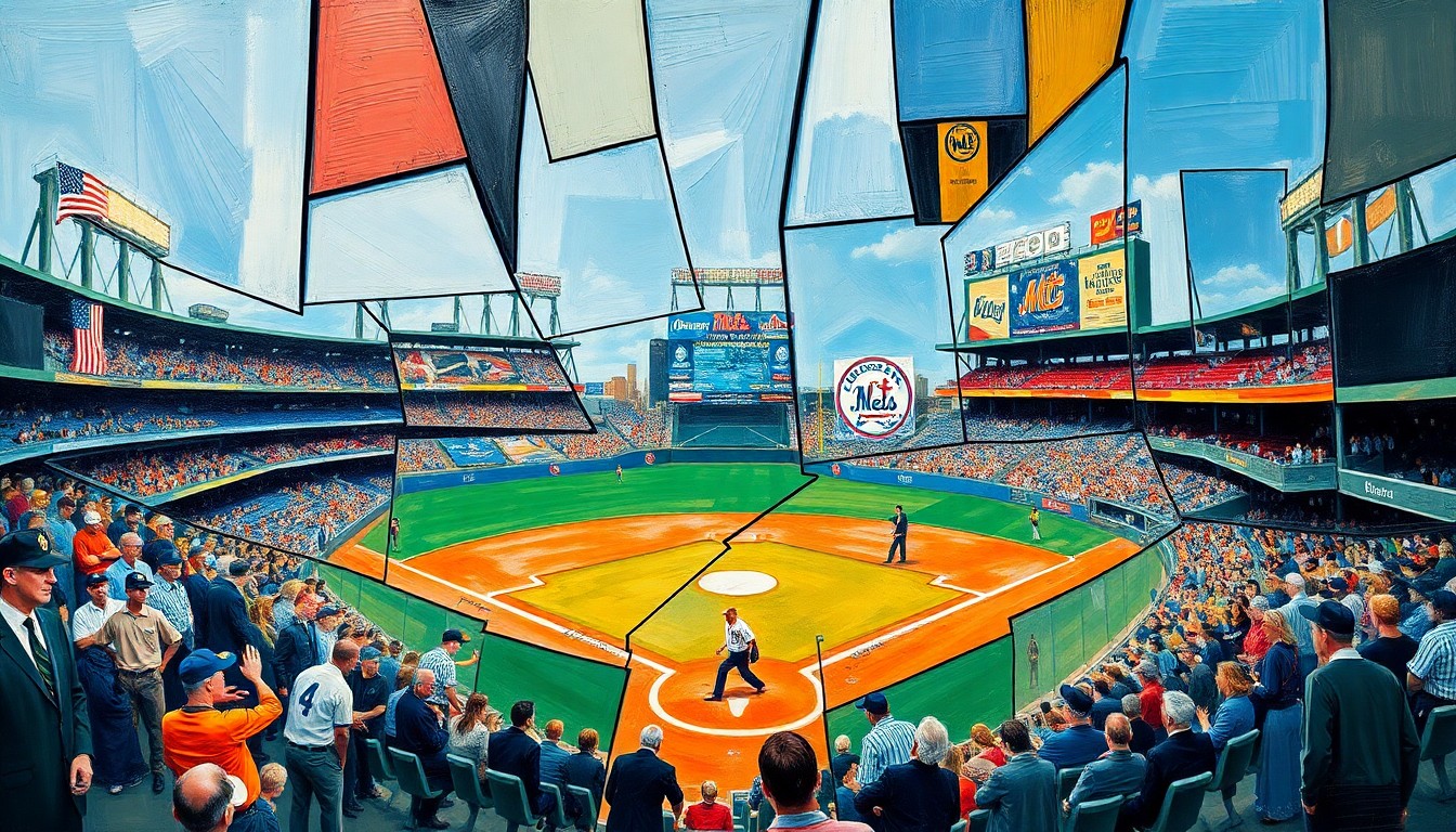 A cubist, geometric painting depicting the ceremonial first pitch at a baseball game, with overlapping planes and shapes representing the connection between Jackie Robinson's family and the historic significance of the event.