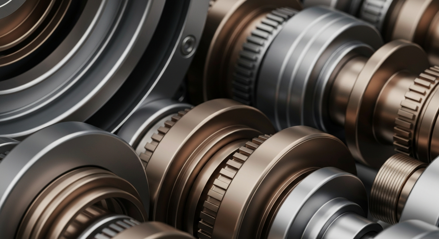 An extreme close-up of gears, levers, and other heavy industrial components in a banking or financial services setting, conveying the complex machinery that underpins the industry.