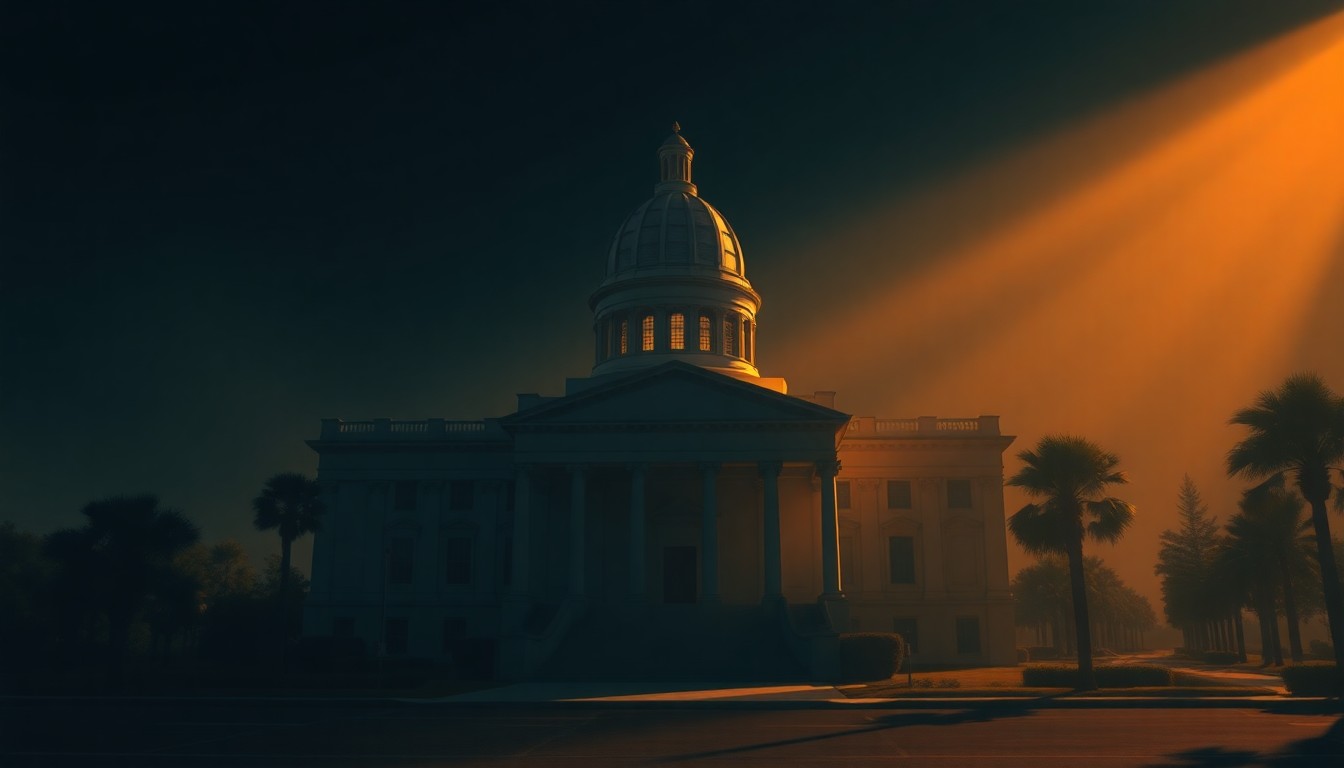 A photorealistic painting of a Florida state capitol building in warm, golden sunlight, with deep shadows across the facade, conveying a sense of political tension and uncertainty.