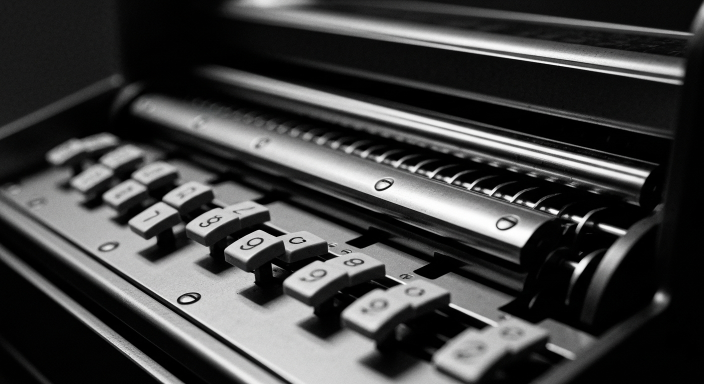 A high-contrast, black-and-white close-up image of the inner workings of a cash register, with gears, circuits, and other industrial components visible, conceptually representing the financial operations of a regional supermarket chain.