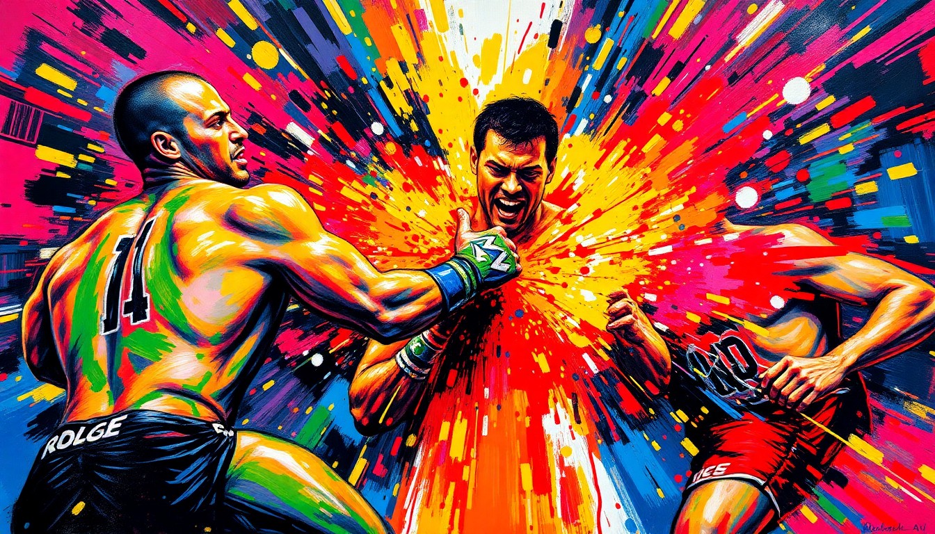 A dynamic, abstract painting in neon colors depicting the intense physicality and energy of a pro wrestling match, with figures and details blending together in an expressionistic style.