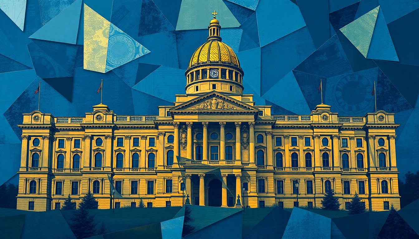 A vibrant, abstract painting depicting a government building in shades of blue and gold, with the structure fractured and repeated in overlapping geometric waves, conveying the complex interplay of wealth, power, and politics.