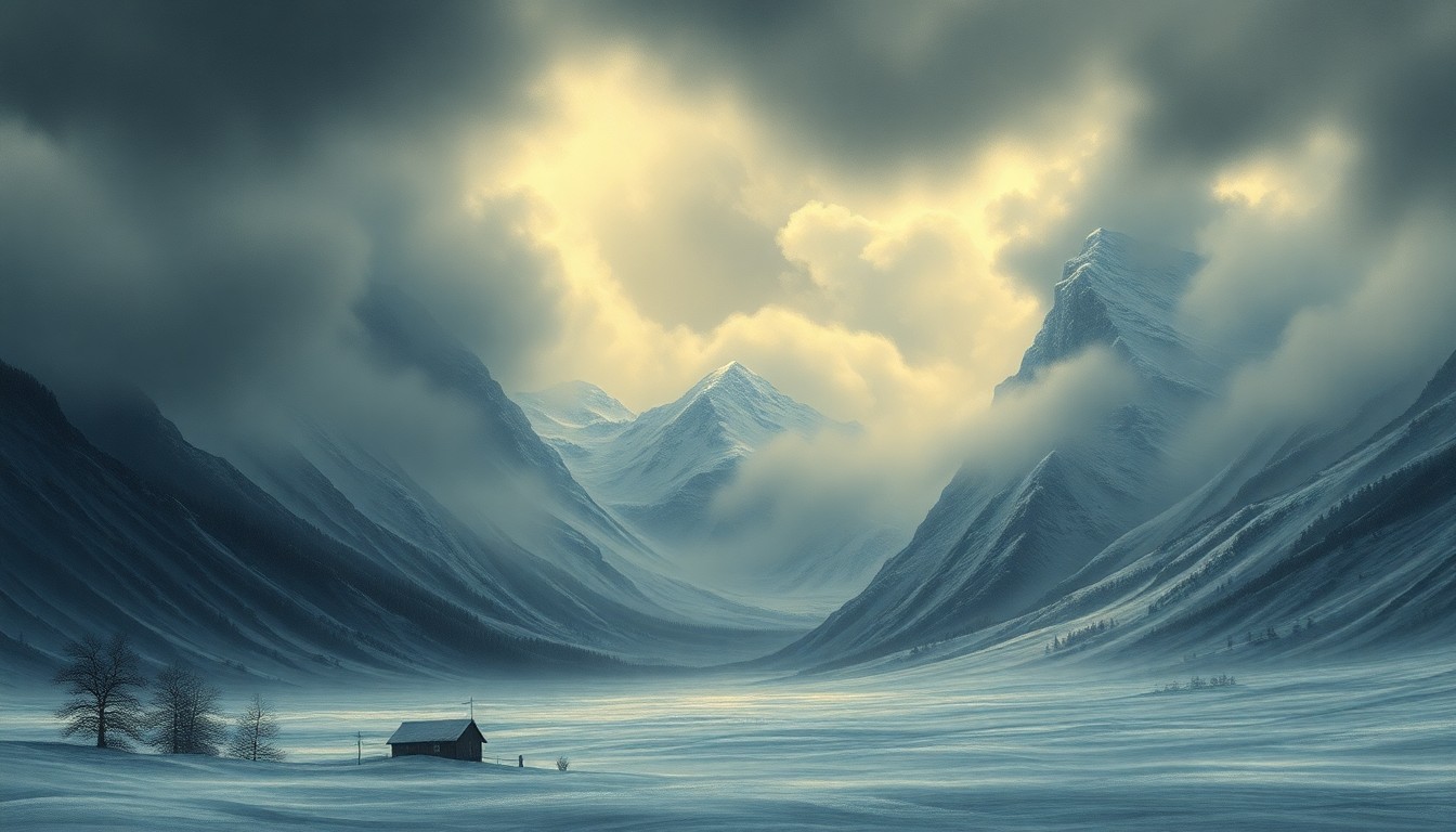 A dramatic landscape painting in muted tones, with towering mountains and swirling clouds dominating the scene, conveying the overwhelming scale and power of a severe winter storm.