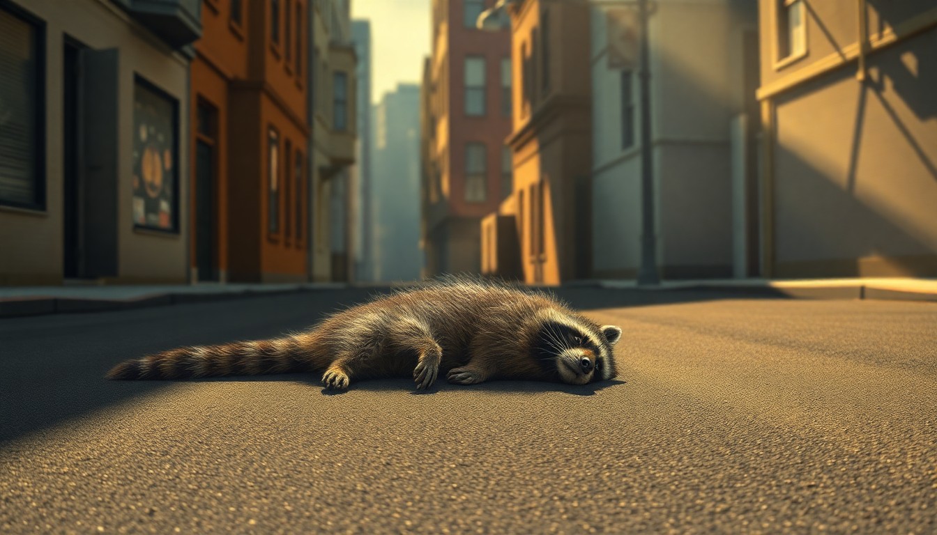 A photorealistic painting of a dead raccoon lying on an empty city street, with warm sunlight and deep shadows creating a melancholic, cinematic atmosphere.