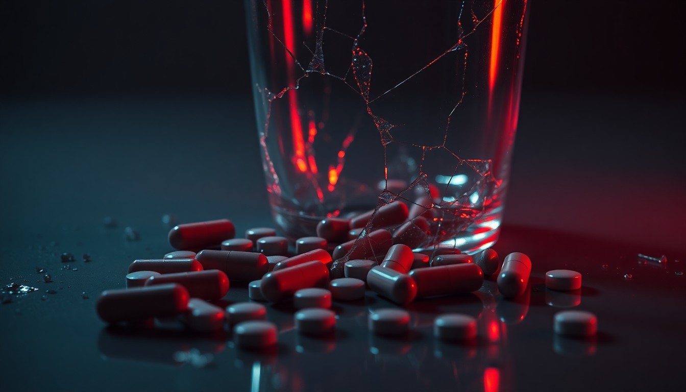 An abstract close-up photograph of broken glass and scattered pills, capturing the fragility and darkness behind the influencer lifestyle.