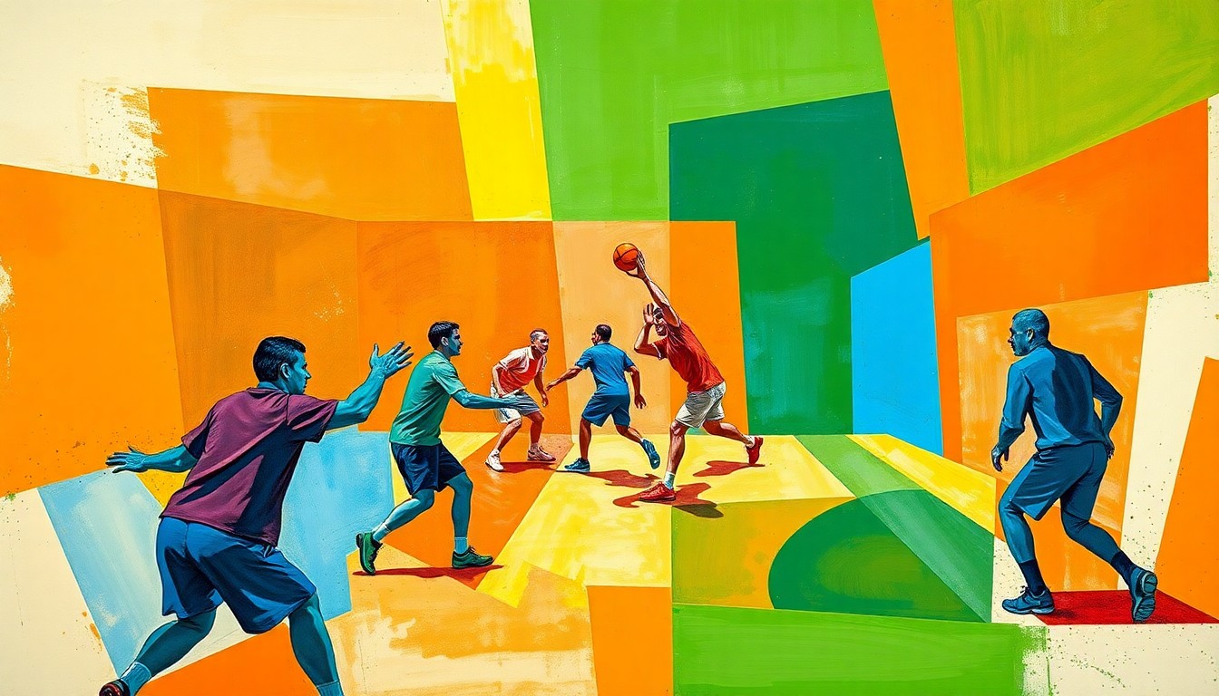 A cubist, geometric painting depicting a handball game broken down into sharp, overlapping planes of vibrant orange, blue, and green colors, conceptually representing the transition of an athlete from one sport to another.