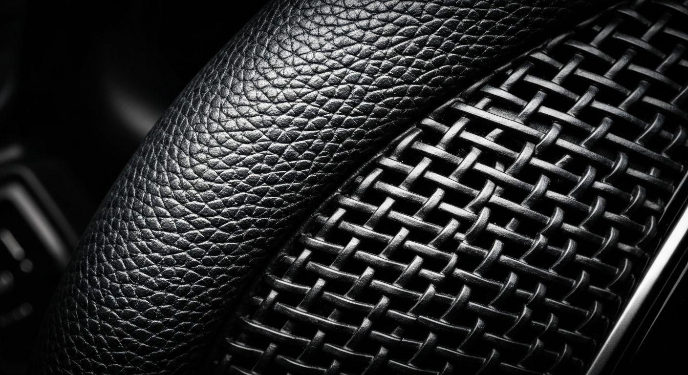 An extreme close-up of the textured surface of an automobile part, such as a pebbled leather steering wheel or woven mesh grille, in dramatic lighting that highlights the intricate details and vibrant colors of modern automotive design.