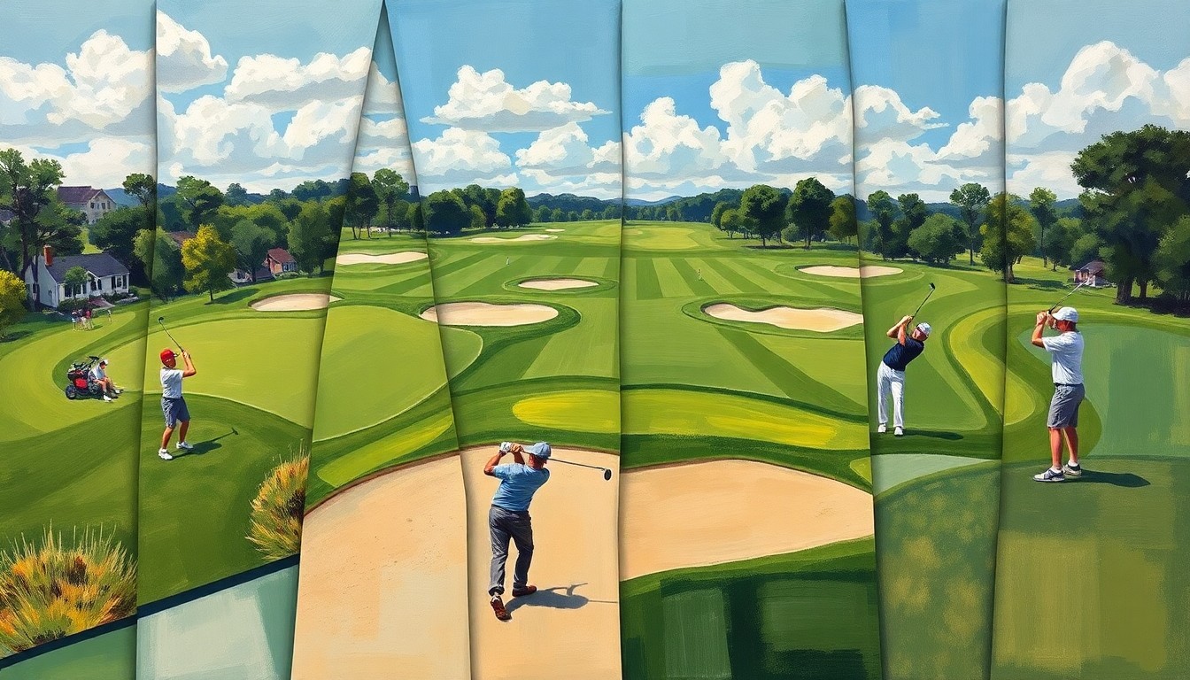 A fragmented, geometric painting depicting the dynamic action of a high school golf tournament, with overlapping planes of green fairways, sand traps, and players swinging their clubs.