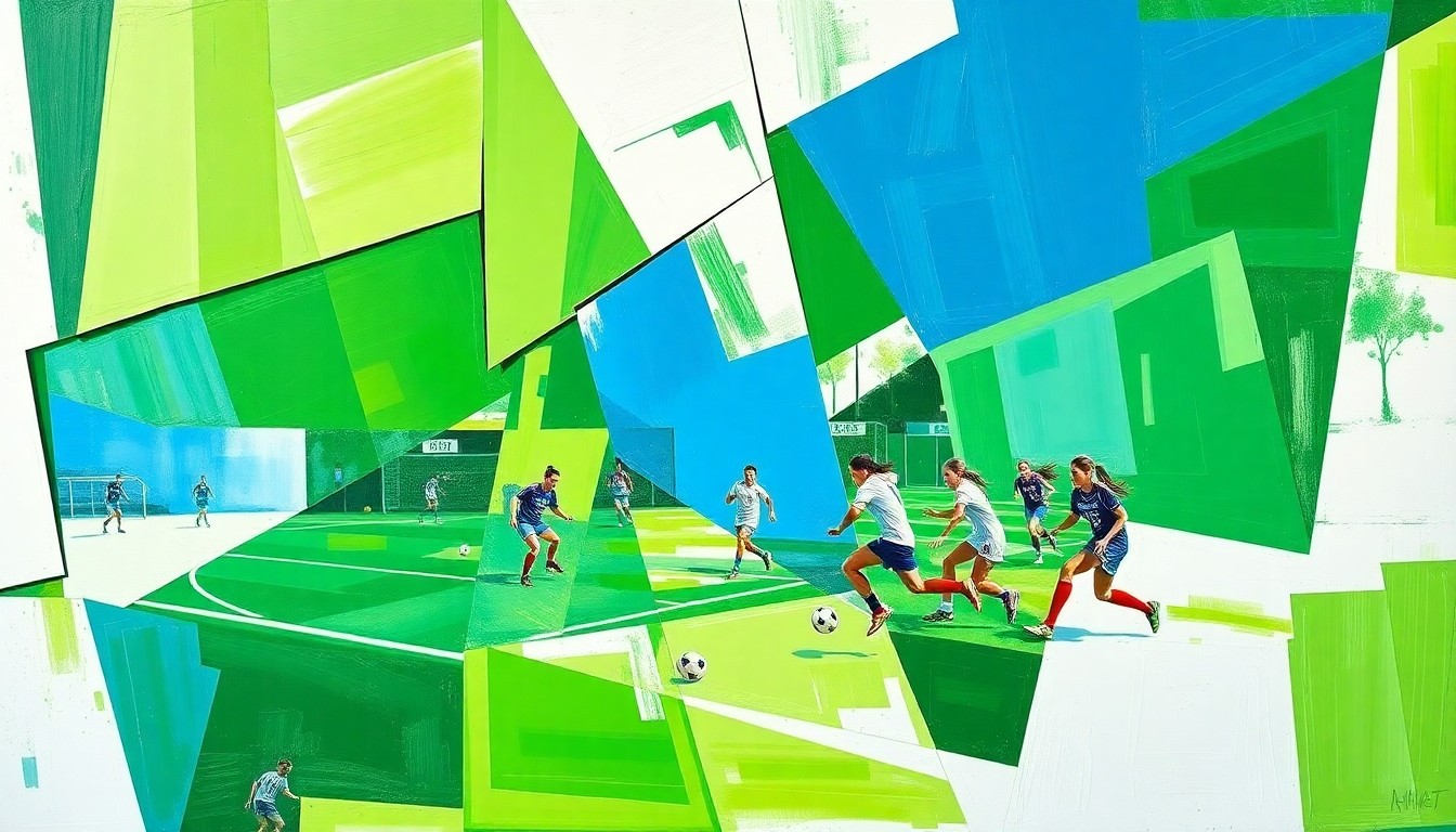 A cubist-style painting featuring overlapping geometric shapes and planes of vibrant green, blue, and white, conceptually depicting the movement and energy of a high school girls' soccer match.