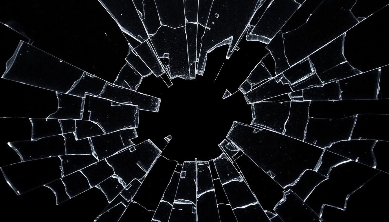 An extreme close-up of a shattered glass surface reflecting harsh studio lighting, conceptually representing the fractured political dynamics surrounding Vice President Vance's defense of former President Trump.