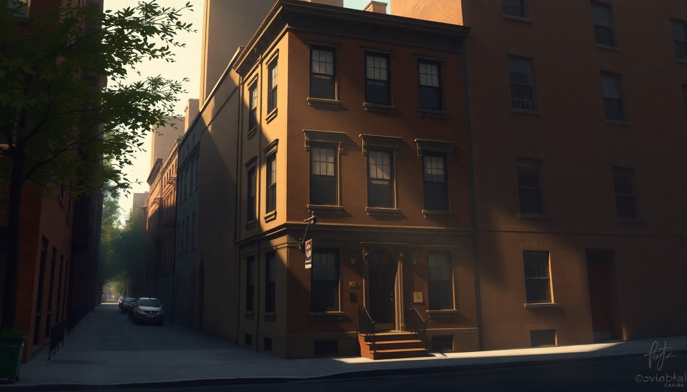 A serene, cinematic painting of a historic building in Greenwich Village, its facade bathed in warm, golden light and deep shadows, conveying the neighborhood's timeless charm and the spirit of preservation that Greitzer championed.