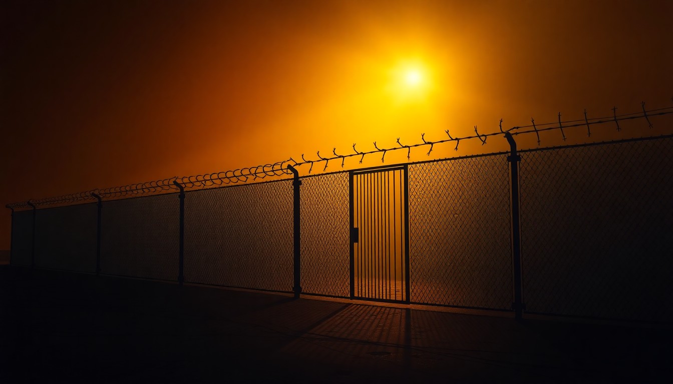 A serene, photorealistic painting of a tall, rusted metal fence or gate surrounded by lush greenery, with warm sunlight casting long shadows across the scene, conveying a sense of isolation and melancholy.