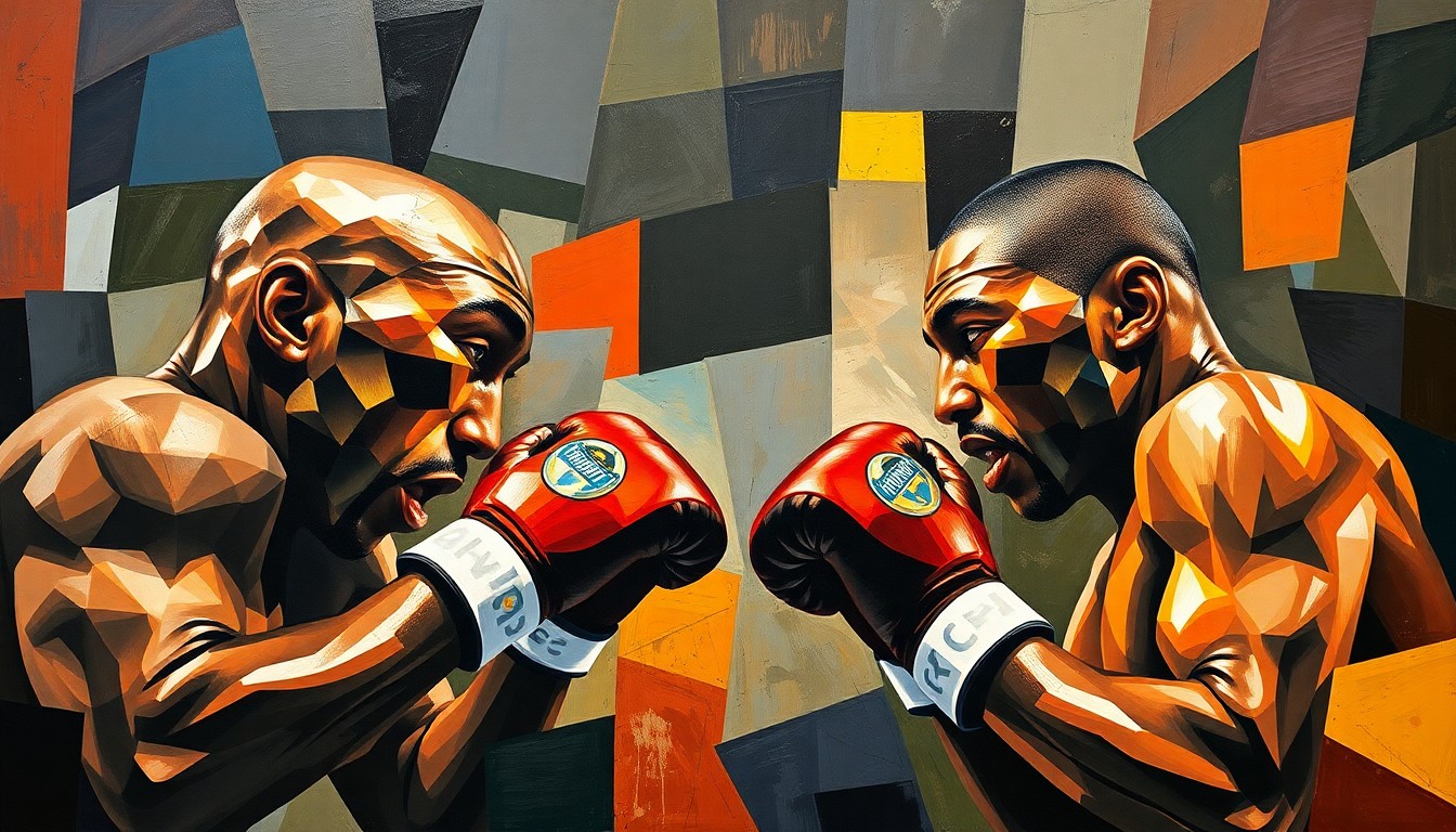 A fractured, geometric painting depicting the action and movement of a boxing match, with sharp planes and overlapping perspectives, capturing the intensity and skill of the two fighters.