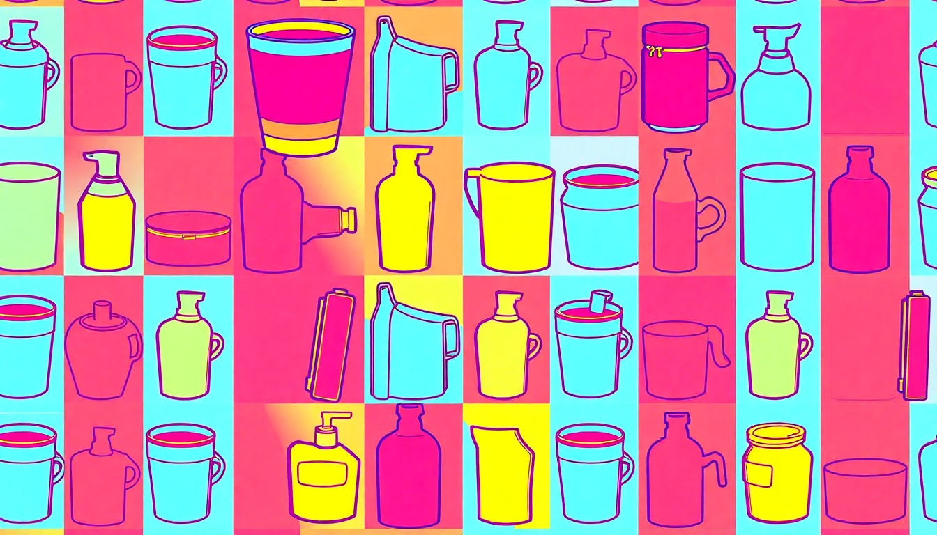 A high-contrast silkscreen print of a sleek, minimalist coffee mug repeated in a grid pattern, rendered in a bold, neon color palette that evokes the contemporary design of the featured condo.