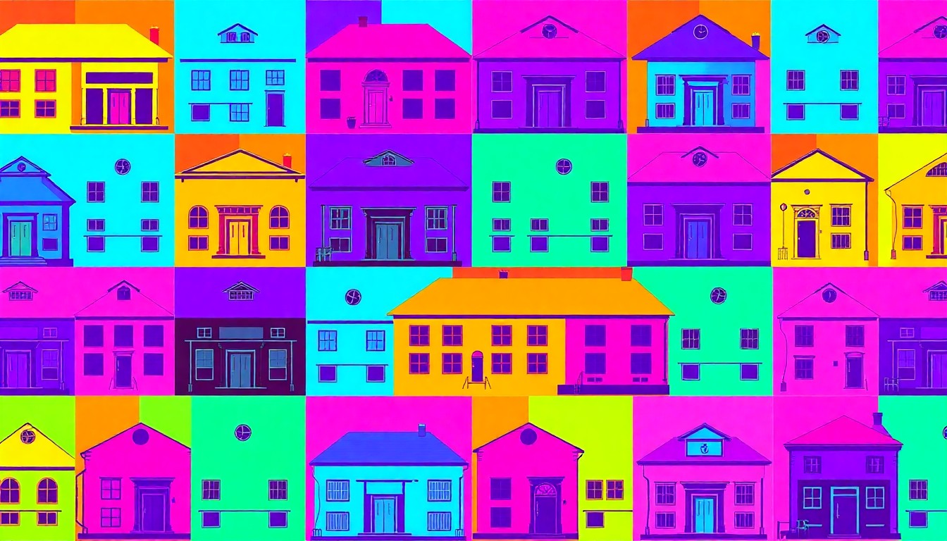 A brightly colored, high-contrast silkscreen print of a school desk repeated in a tight grid pattern, conceptually representing the impacts of declining enrollment on local education.