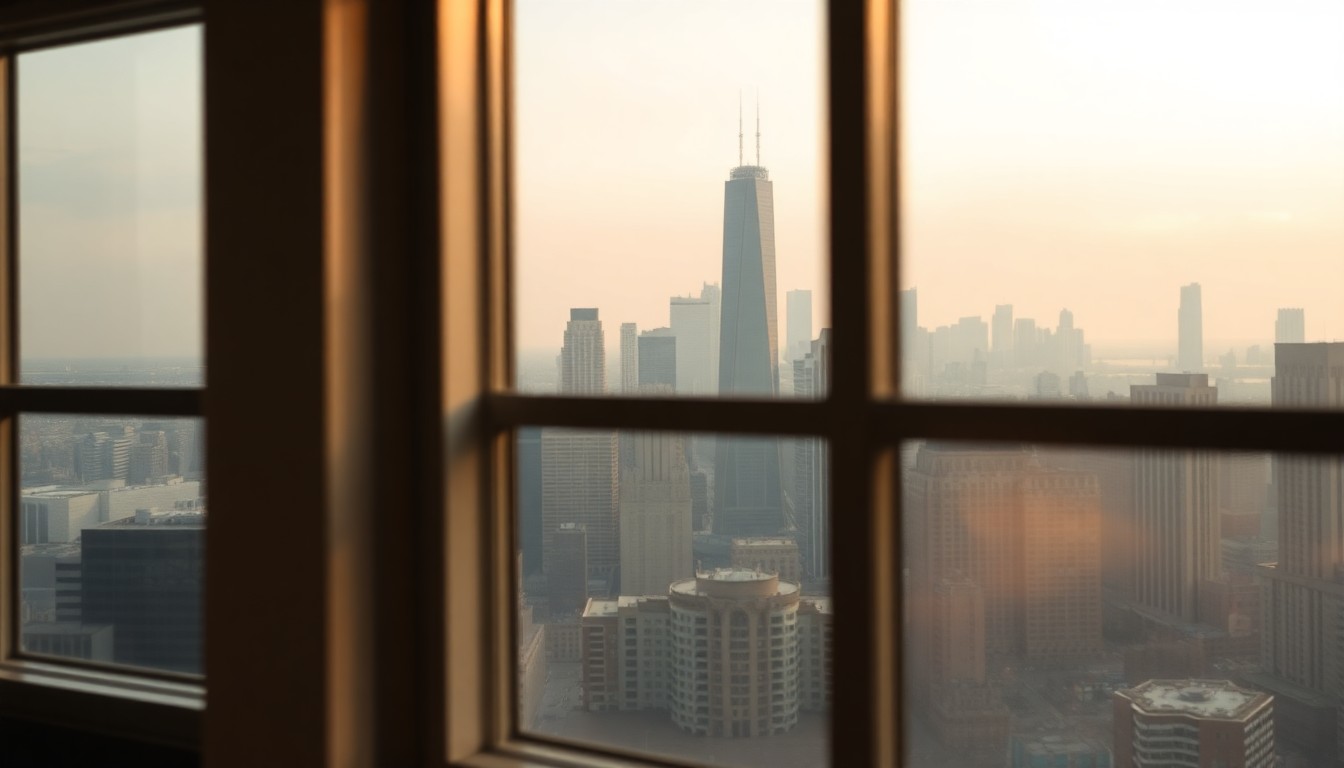 A dreamy, out-of-focus photograph showing the reflection of the Chicago skyline in the windows of a luxury high-rise apartment, conveying the sense of exclusivity and breathtaking views associated with this property.