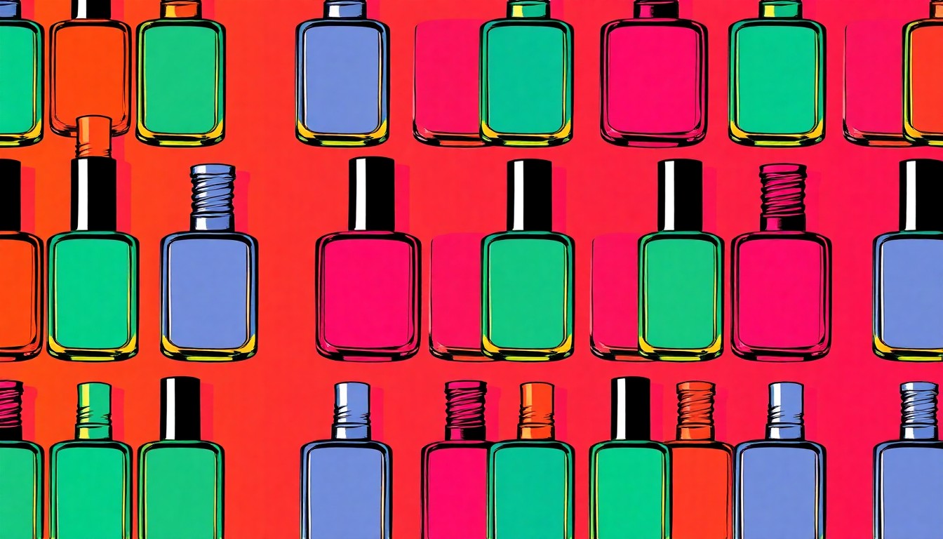 A high-contrast, silkscreen-style illustration of a nail polish bottle repeated in a grid pattern, using bright neon colors and heavy black outlines to create a modern, abstract pop art composition.