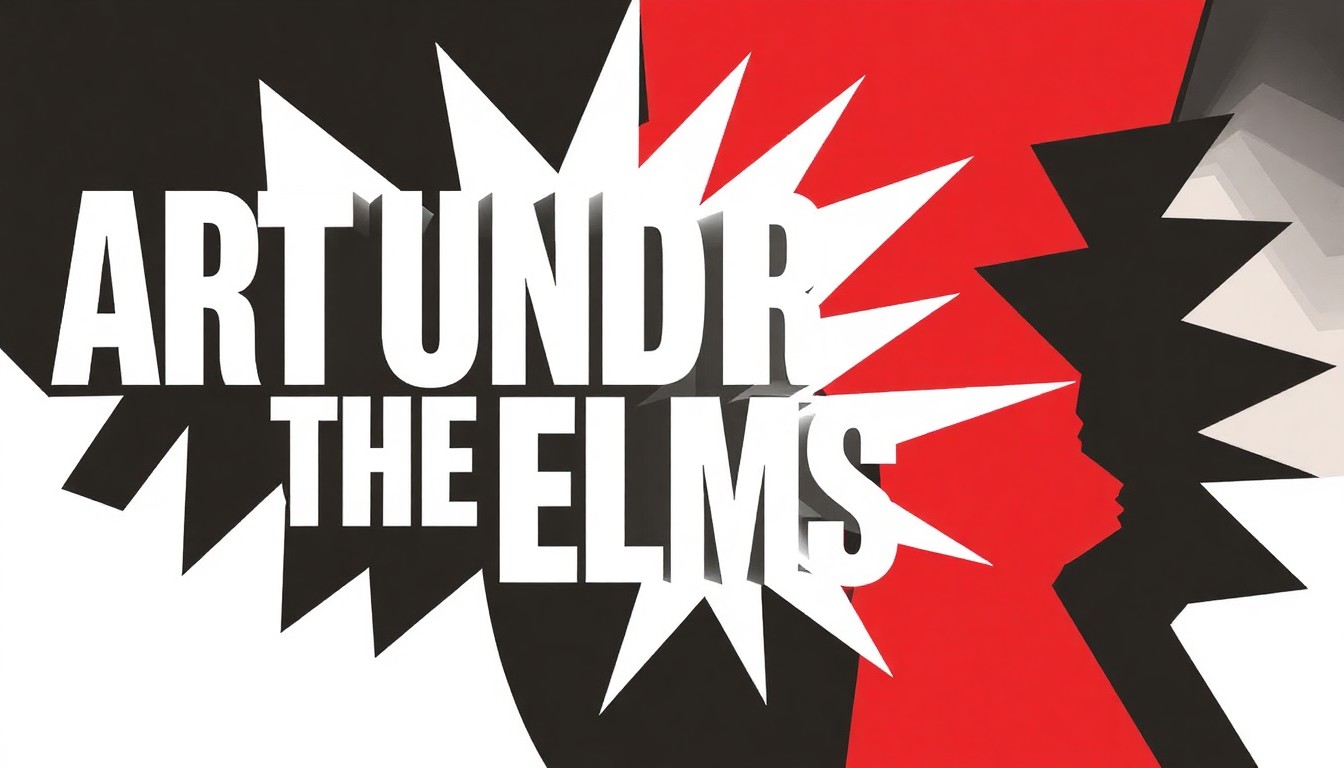 An abstract, minimalist illustration featuring bold, jagged shapes in black, white, and red, conceptually representing the diverse array of visual arts, handmade goods, and live performances at the Art Under the Elms festival.