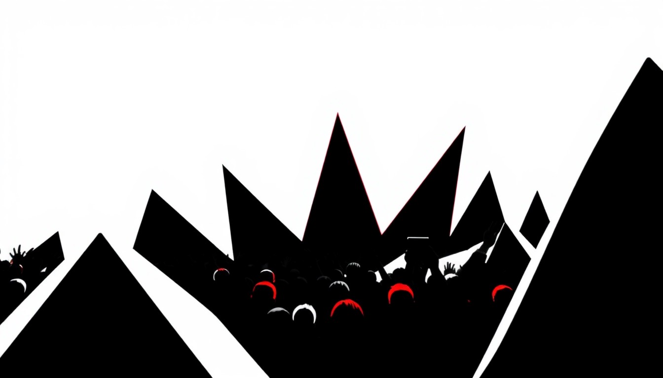 An abstract illustration using bold, geometric black shapes and splashes of bright color to conceptually represent the lively atmosphere of an outdoor music festival.