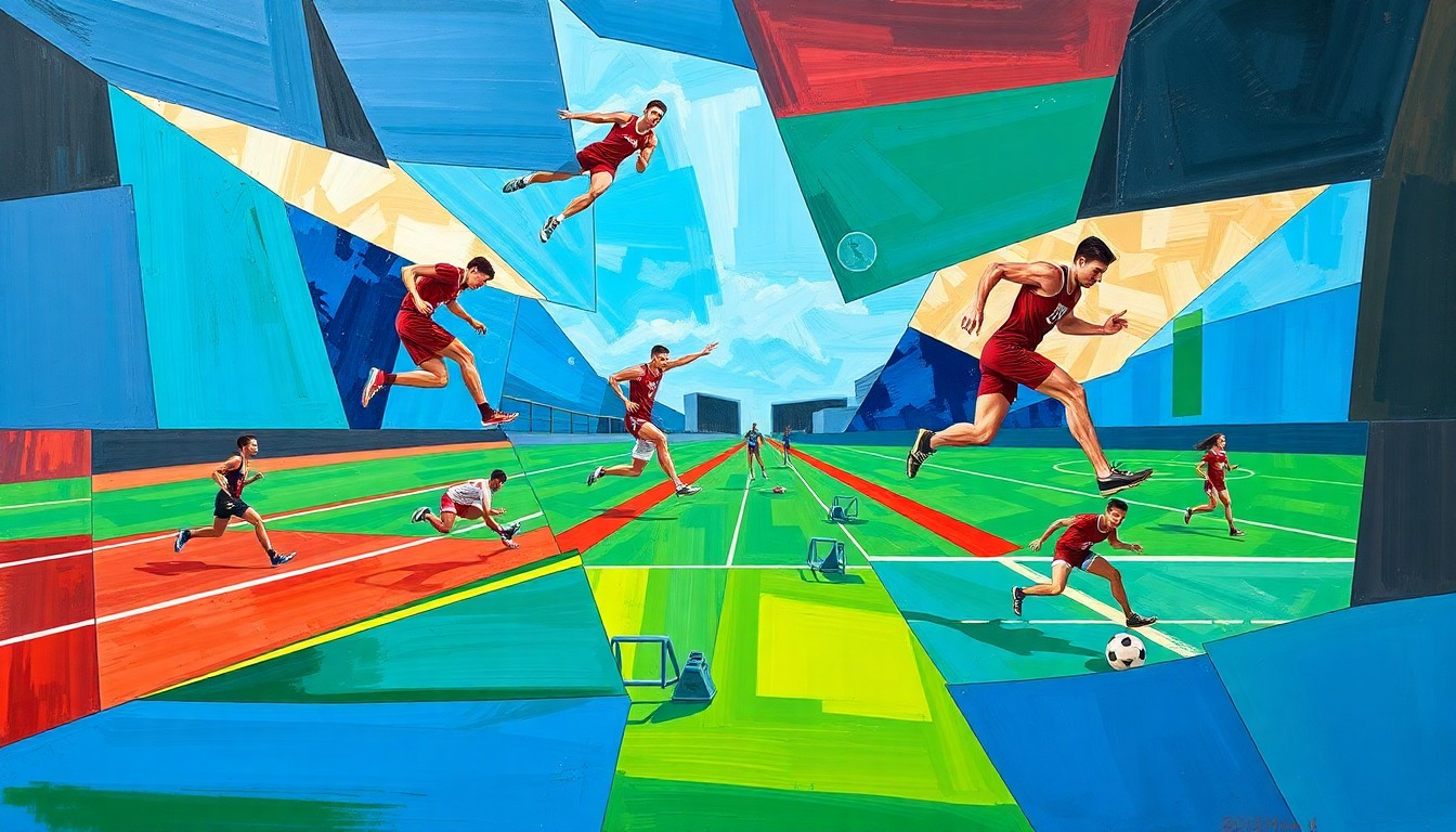 A cubist, geometric painting featuring fragmented shapes and planes in vibrant blues, greens, and reds, conceptually representing the range of sports and athletic achievements celebrated at Nixa High School's signing day.