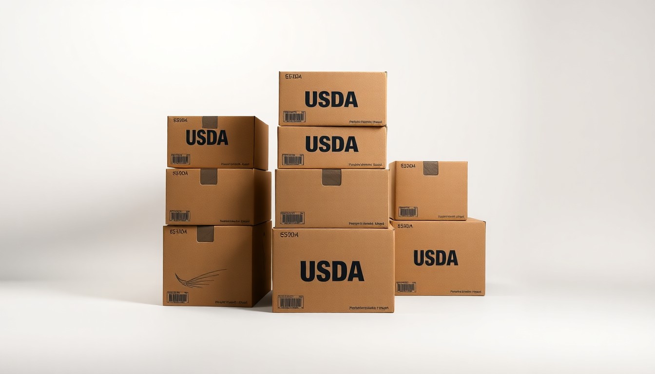 A photorealistic studio still-life image featuring a stack of USDA food distribution boxes in muted earth tones, arranged elegantly on a clean, monochromatic background, conceptually representing the importance of government-community partnerships in addressing food insecurity.