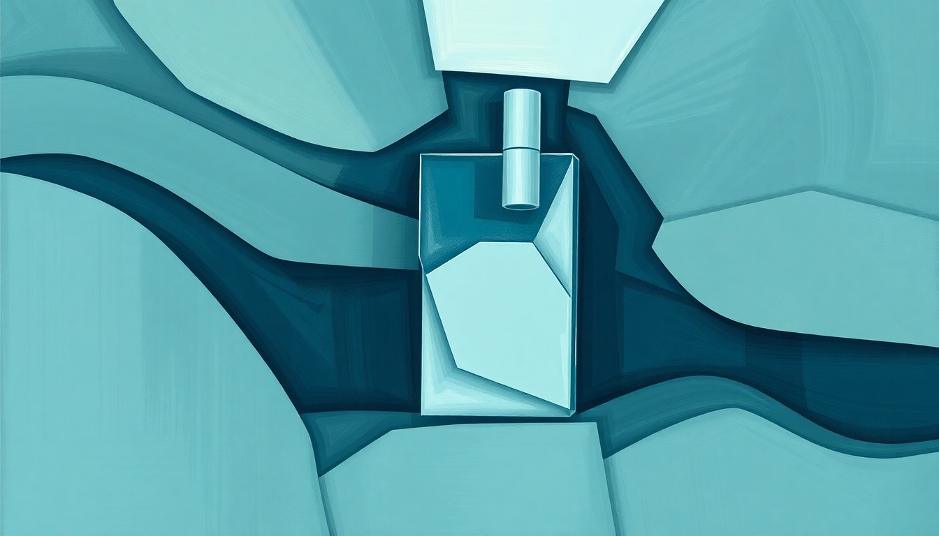 A heavily textured, fragmented painting of a nicotine pouch container in muted blues, grays, and greens, conceptually representing the political and economic tensions surrounding the proposed tax.