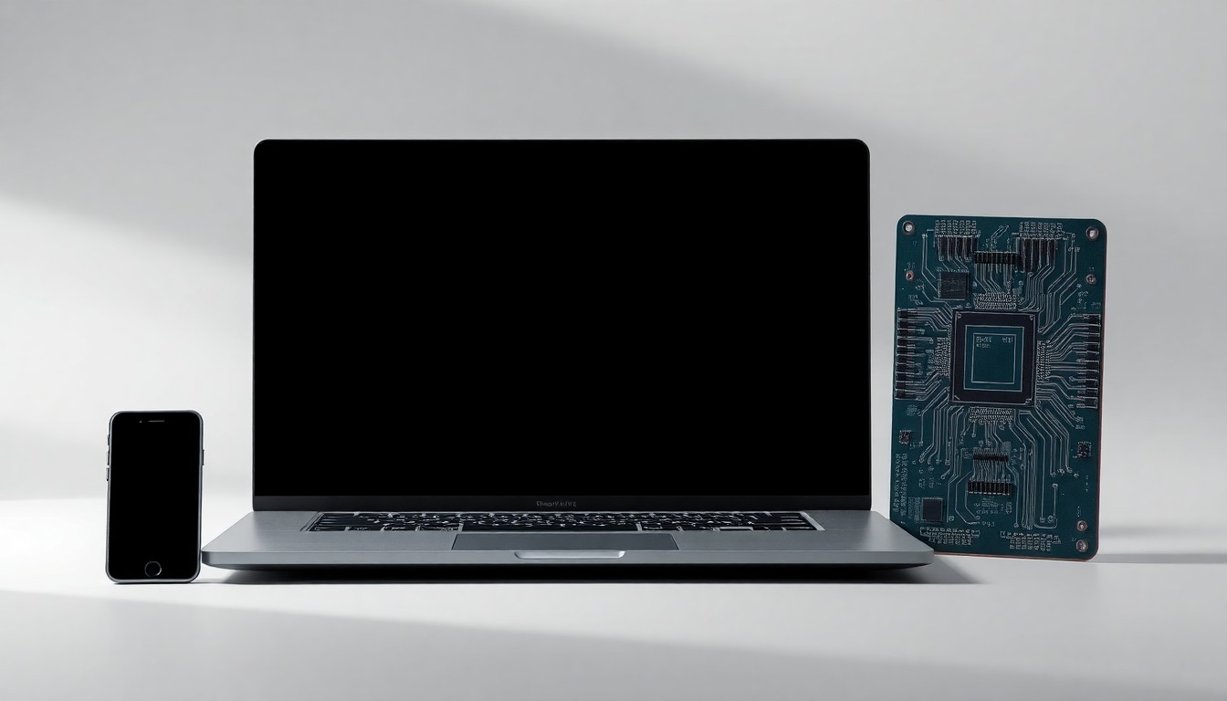 A minimalist, high-end studio still life photograph featuring a sleek laptop, a compact smartphone, and a stylized digital circuit board, arranged elegantly on a clean, monochromatic background to represent the abstract concepts of digital transformation and innovation.