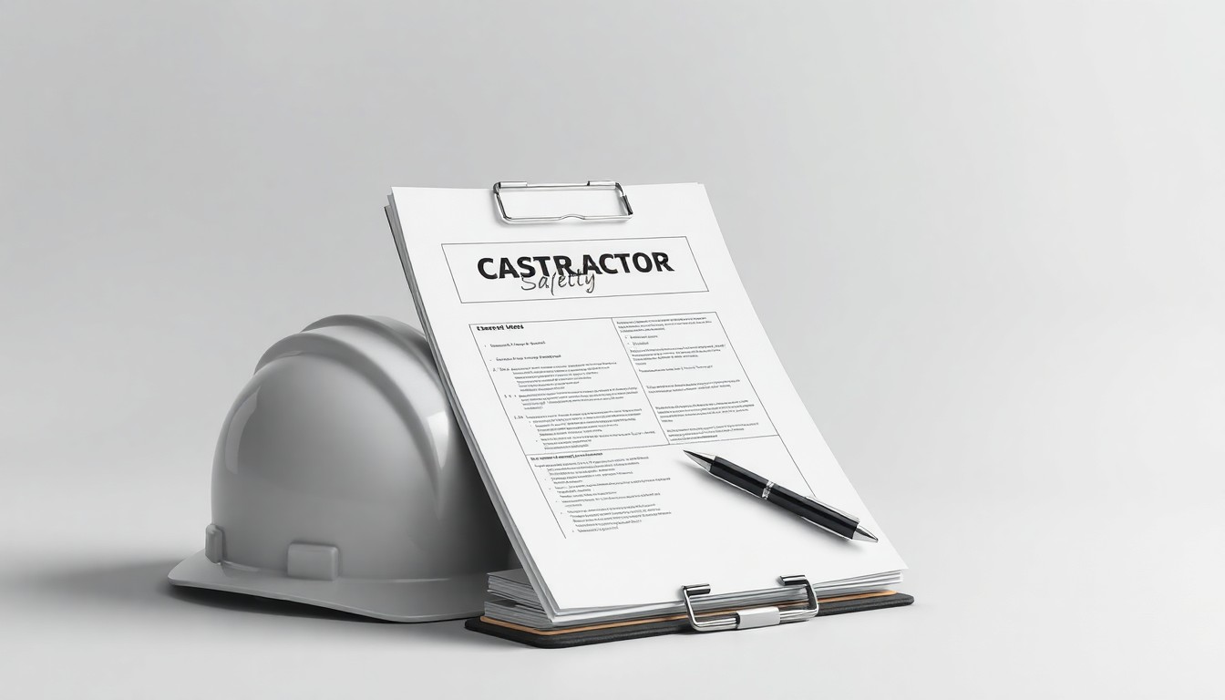 A minimalist studio still life photograph featuring a stack of contractor safety documents, a hardhat, and a clipboard with a pen, arranged elegantly on a clean, monochromatic background to symbolize the importance of contractor compliance and worker safety in global manufacturing operations.